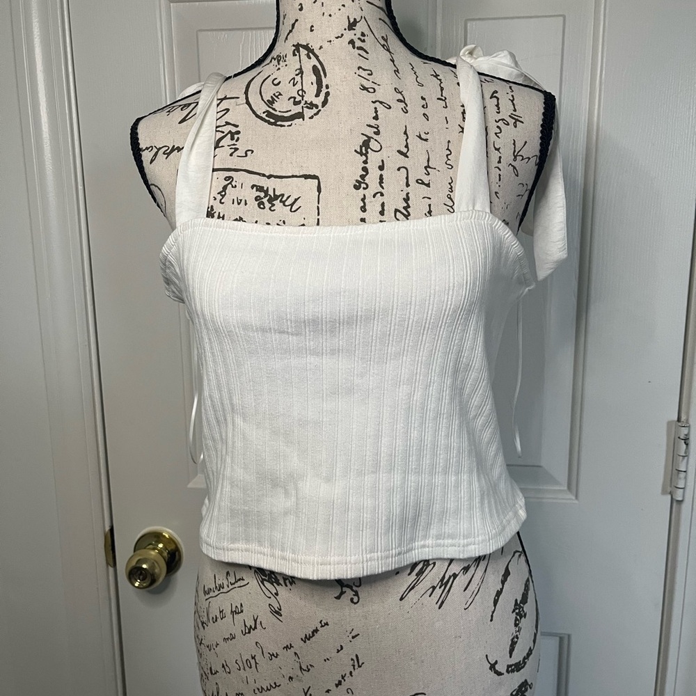 Dry Goods White Ribbed Camisole with Bow Straps
